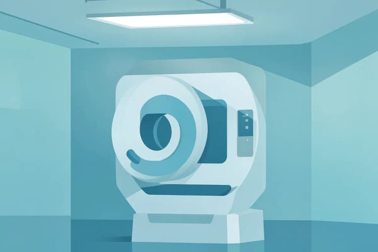 Close-up de um mamógrafo em um ambiente clínico, pronto para um exame