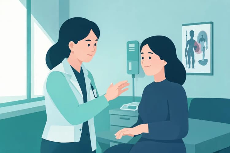 Médica explicando um exame de mamografia para uma paciente em um consultório médico