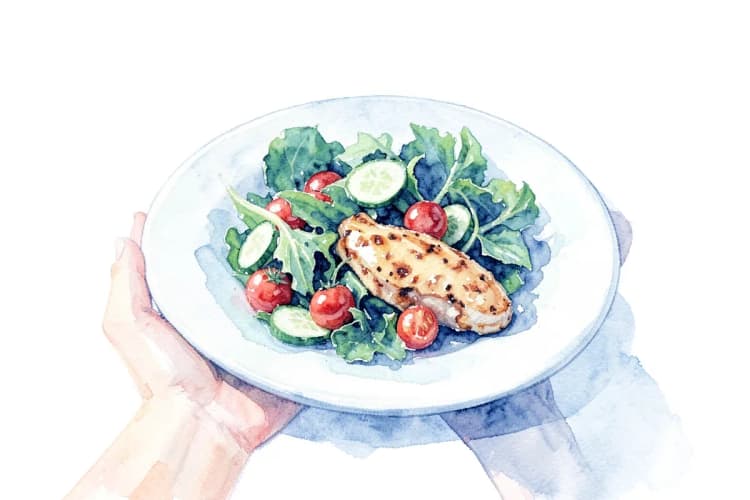 Mão segurando um prato com salada e frango grelhado, representando a dieta antes do ultrassom